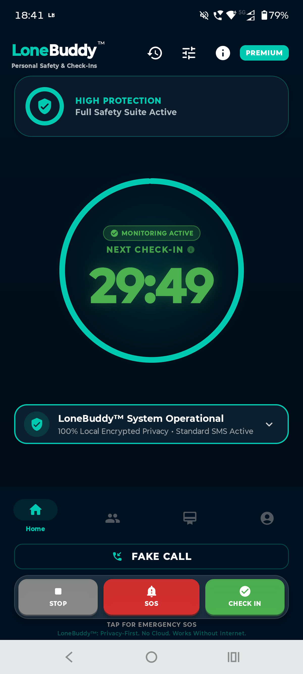 LoneBuddy Android app showing an active Free safety check-in
