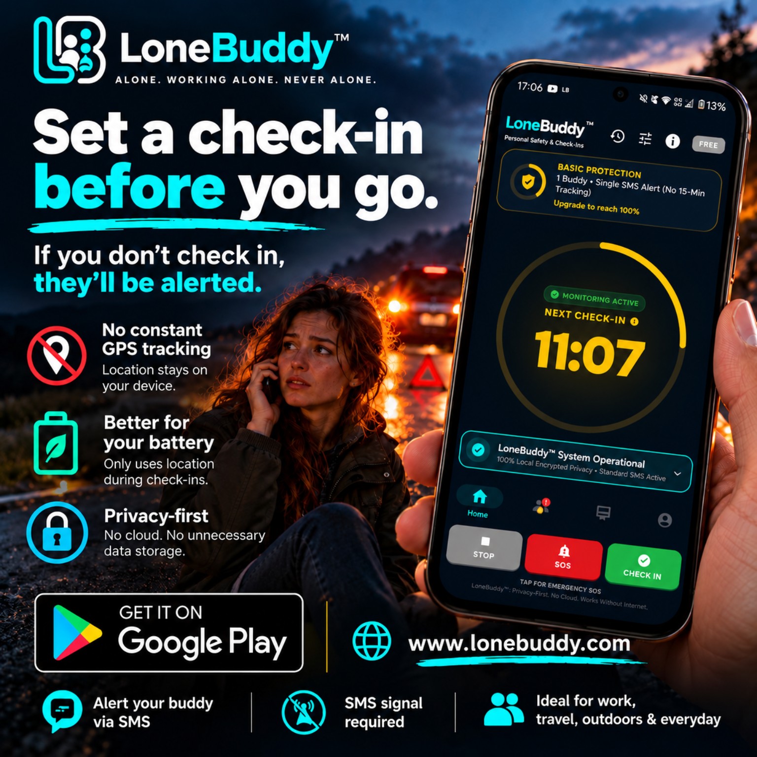LoneBuddy personal safety app: set a check-in before you go